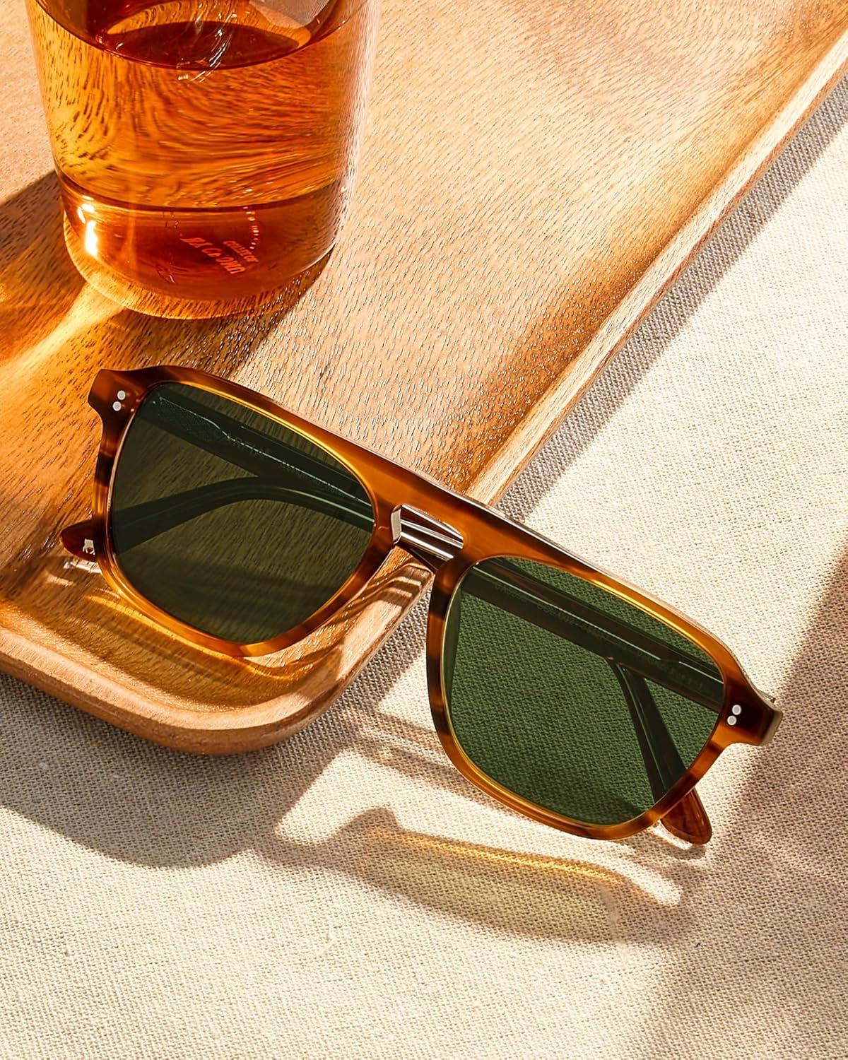 image:imageCARFIA Polarized Sunglasses for Men UV400 Protection Pilot Design Acetate Sun Glasses for Driving Fishing Outdoor CA53551 Brown Striped Frame Green Lens