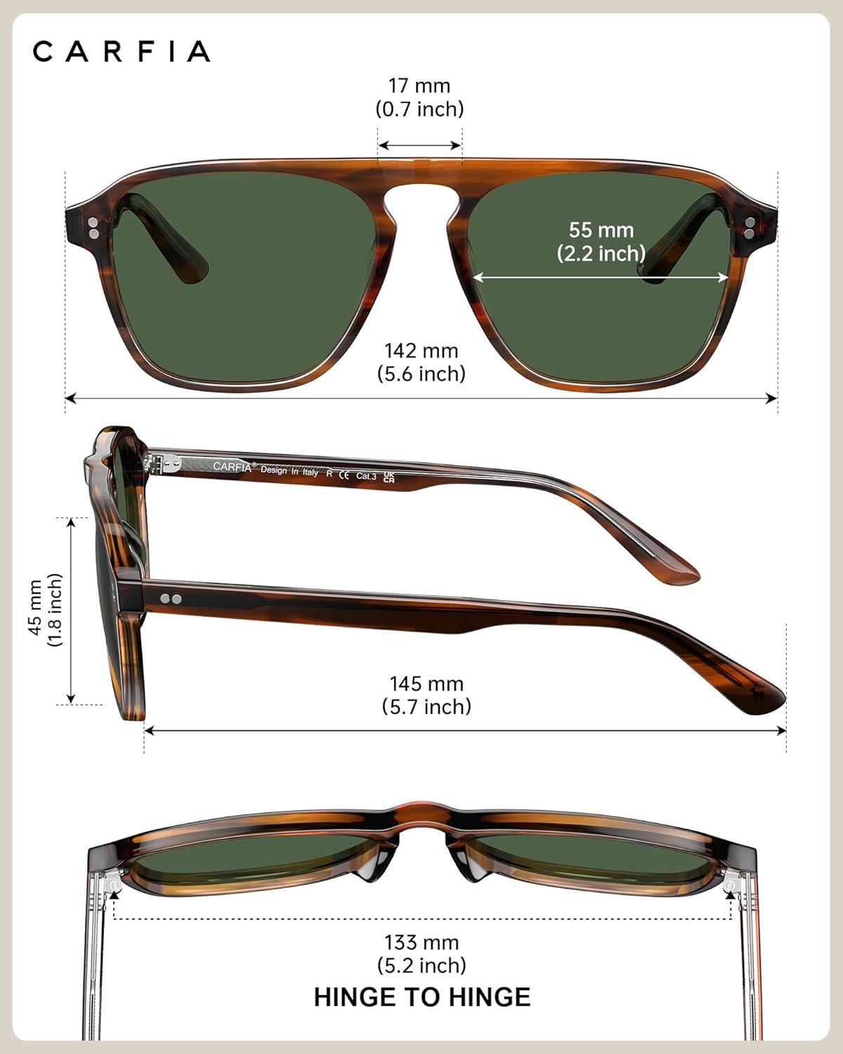 image:imageCARFIA Polarized Sunglasses for Men UV400 Protection Pilot Design Acetate Sun Glasses for Driving Fishing Outdoor CA53551 Brown Striped Frame Green Lens