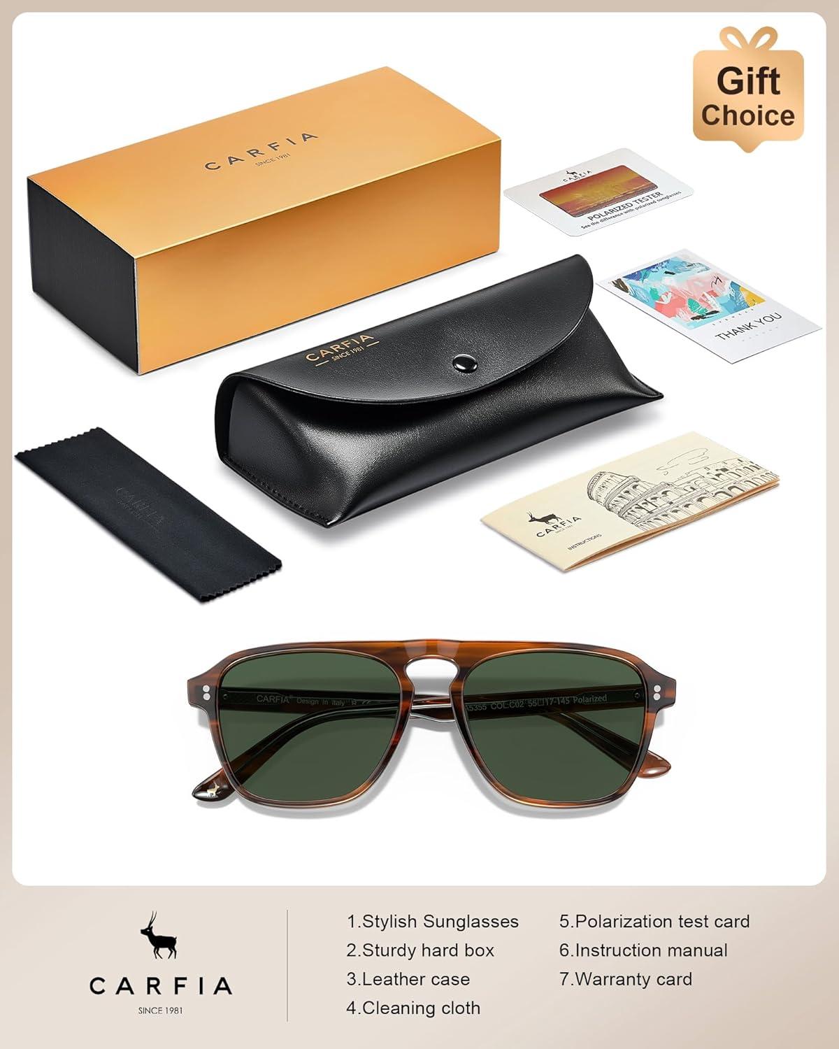 image:imageCARFIA Polarized Sunglasses for Men UV400 Protection Pilot Design Acetate Sun Glasses for Driving Fishing Outdoor CA53551 Brown Striped Frame Green Lens