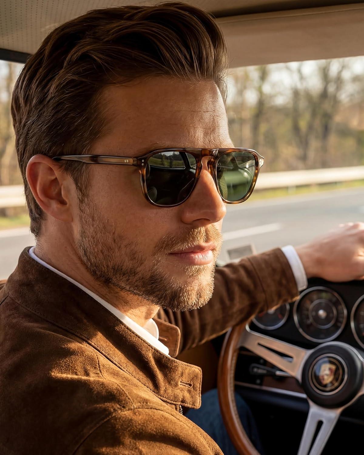image:imageCARFIA Polarized Sunglasses for Men UV400 Protection Pilot Design Acetate Sun Glasses for Driving Fishing Outdoor CA53551 Brown Striped Frame Green Lens
