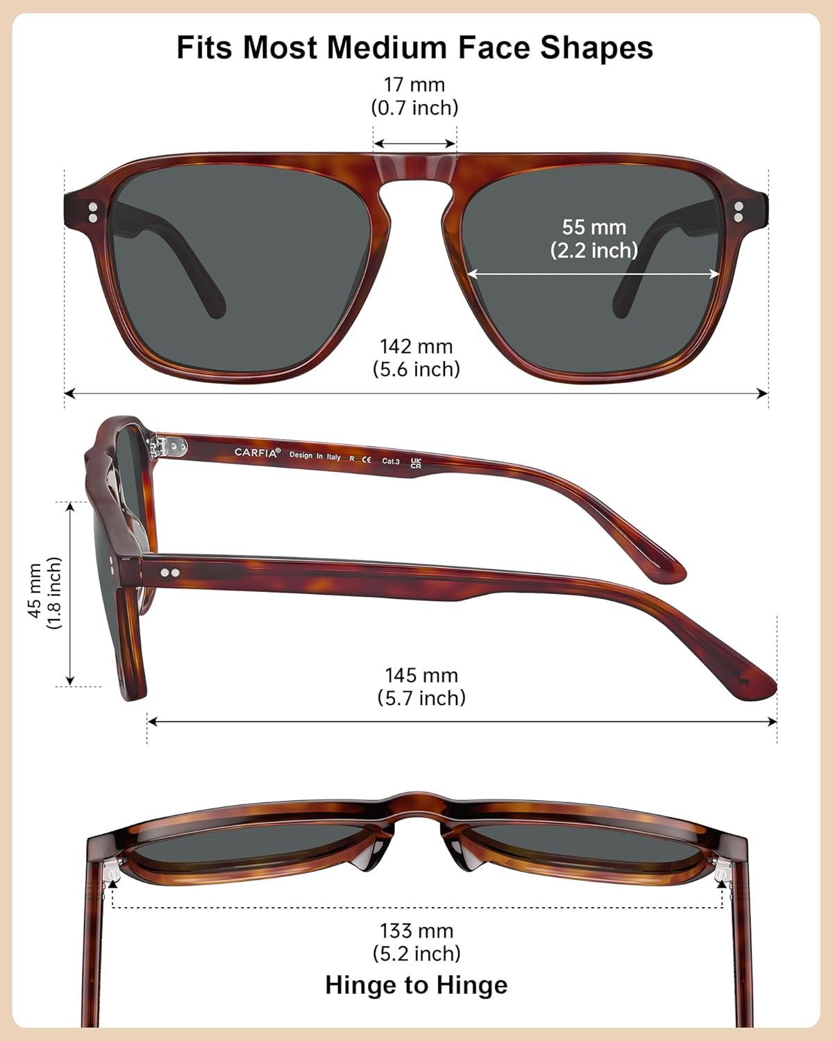 image:imageCARFIA Polarized Sunglasses for Men UV400 Protection Pilot Design Acetate Sun Glasses for Driving Fishing Outdoor CA53553 Brown Tortoise Frame Gray Lens