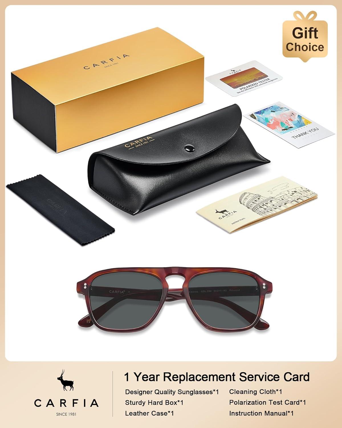 image:imageCARFIA Polarized Sunglasses for Men UV400 Protection Pilot Design Acetate Sun Glasses for Driving Fishing Outdoor CA53553 Brown Tortoise Frame Gray Lens