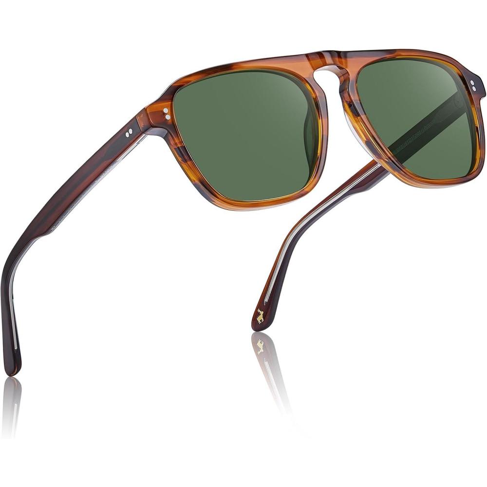image:imageCARFIA Polarized Sunglasses for Men UV400 Protection Pilot Design Acetate Sun Glasses for Driving Fishing Outdoor CA53551 Brown Striped Frame Green Lens