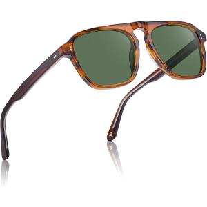 CARFIA Polarized Sunglasses for Men UV400 Protection – Pilot Design Acetate Sun Glasses for Driving Fishing Outdoor CA5355(1. Brown Striped Frame Green Lens)
