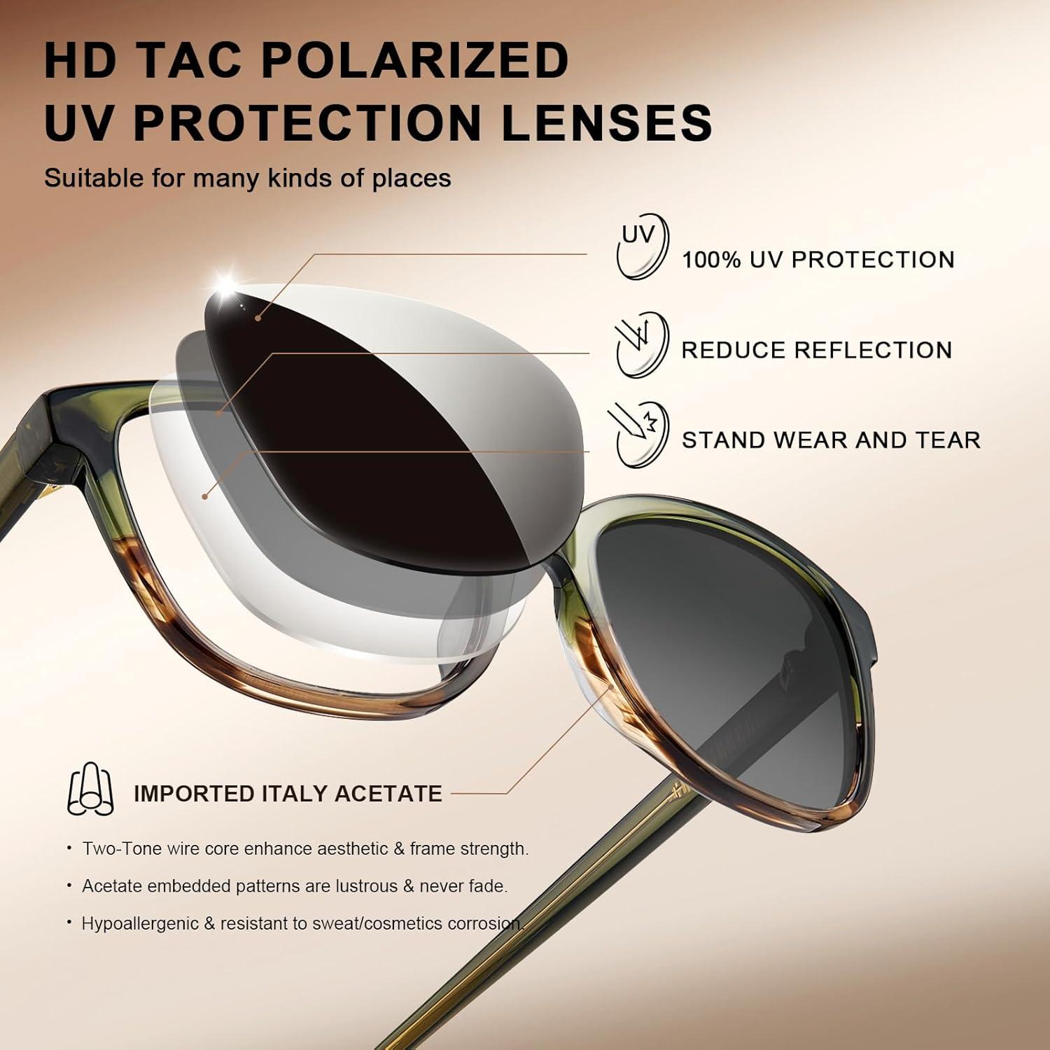 image:imageCARFIA Designer Acetate Womens Polarized Sunglasses Fit Most Face Shapes Trendy Shades UV Protection Hypoallergenic Handmade7 Greenbrown Floral Frame Gradient Grey Lens