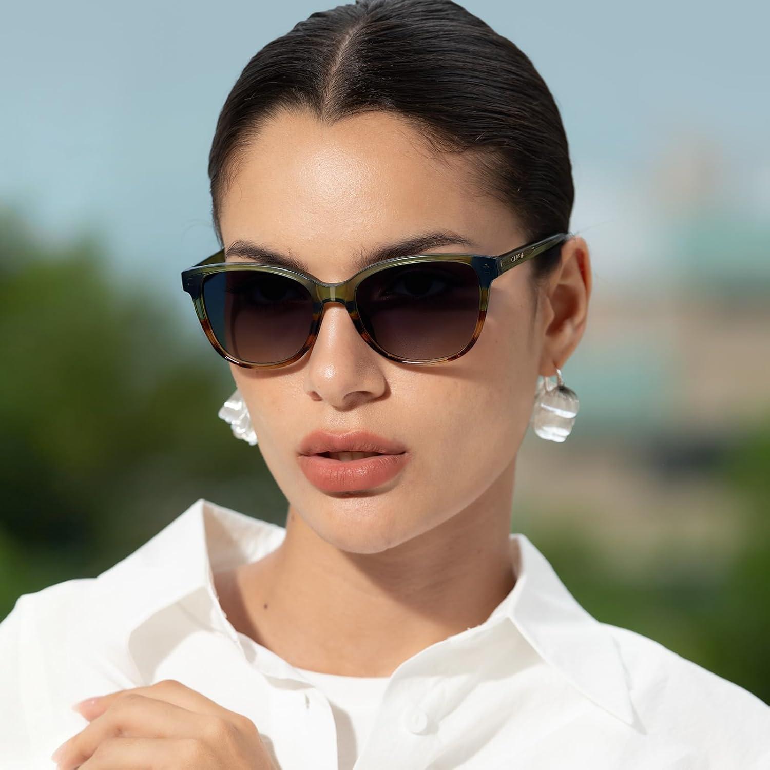 image:imageCARFIA Designer Acetate Womens Polarized Sunglasses Fit Most Face Shapes Trendy Shades UV Protection Hypoallergenic Handmade7 Greenbrown Floral Frame Gradient Grey Lens