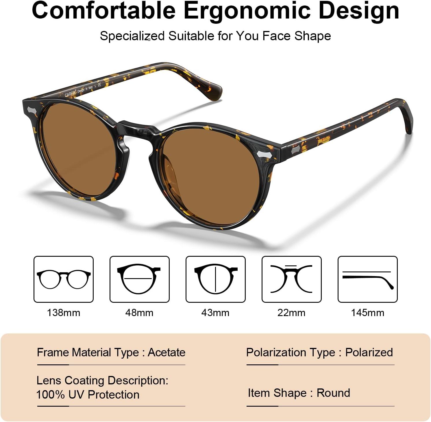 image:imageCARFIA Polarized Sunglasses for Women Acetate Frame SmallMedium Size UV400 Protection Anti Glare CA52882 Tortoise Frame Brown Lens