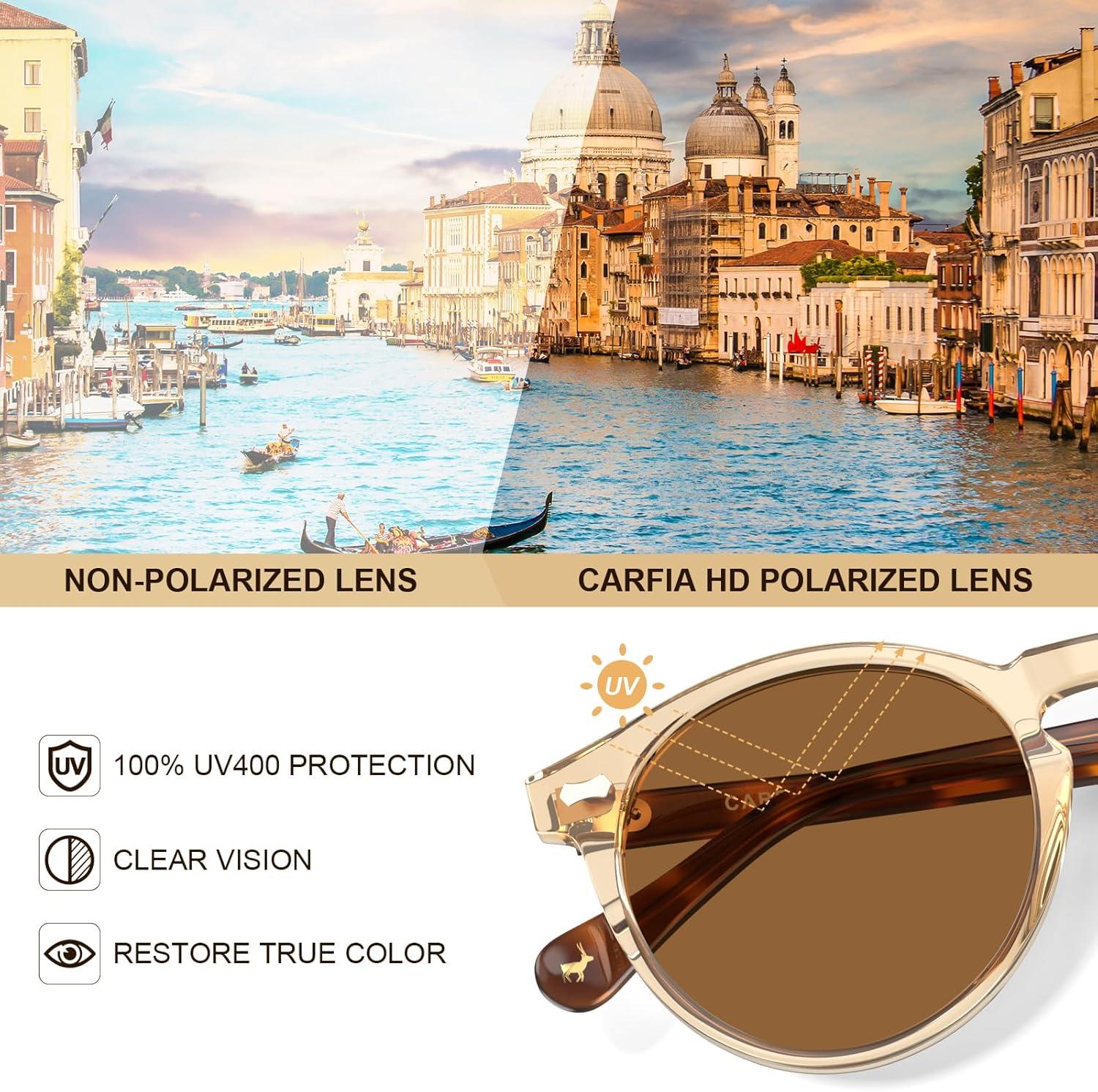 image:imageCARFIA Polarized Sunglasses for Women Acetate Frame SmallMedium Size UV400 Protection Anti Glare CA52886 Clear Brown Frame Brown Lens