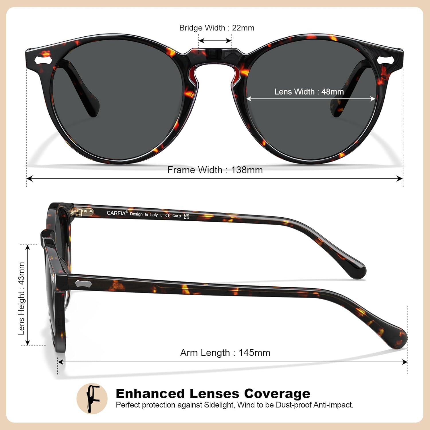 image:imageCARFIA Polarized Sunglasses for Women Acetate Frame SmallMedium Size UV400 Protection Anti Glare CA52887 Tortoise Frame Grey Lens
