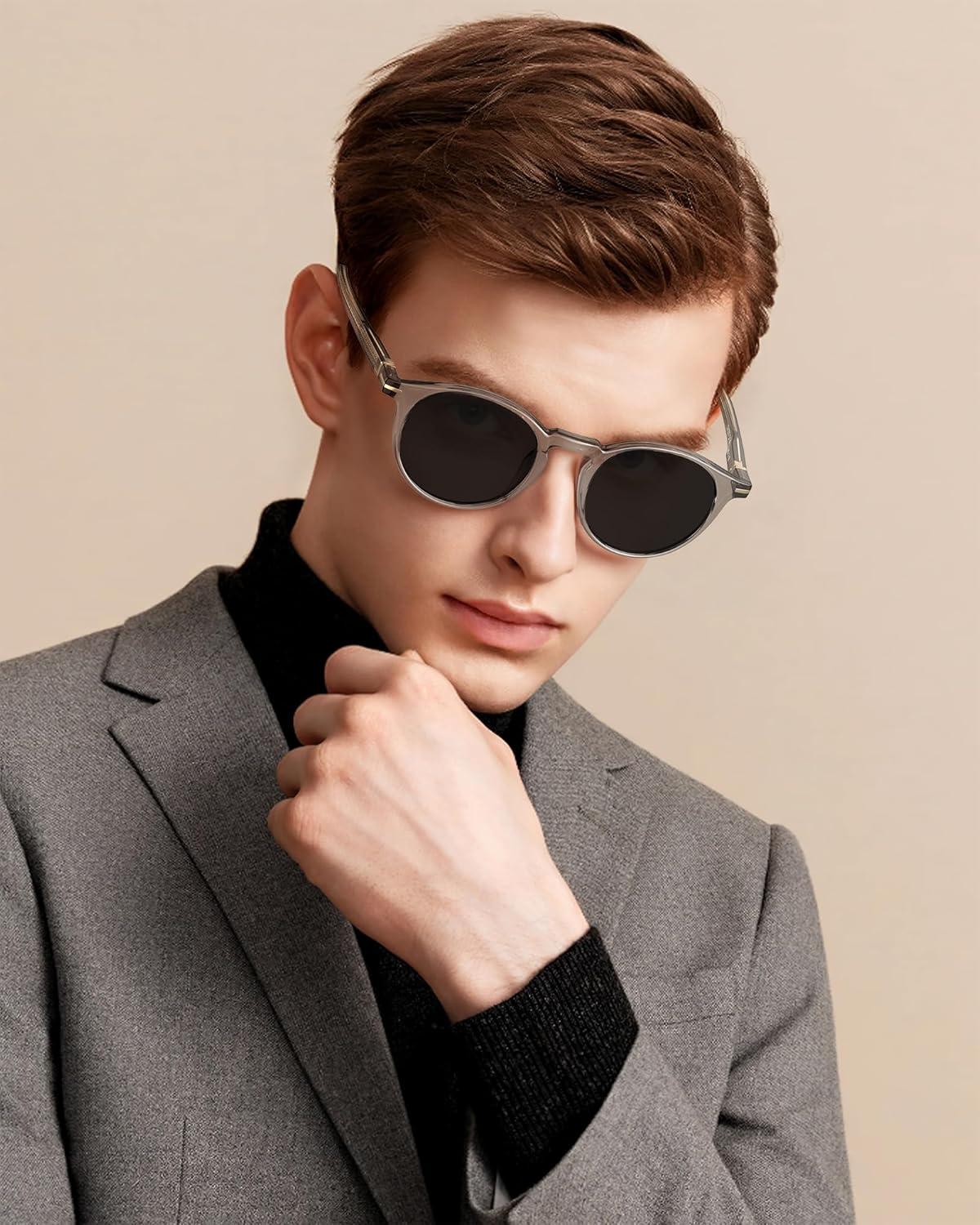 image:imageCARFIA Retro Round Atetate Polarized Sunglasses for Men UV Protection Trendy Keyhole Sunnies Driving Shades Male Eyewears1 Transparent Grey Frame Gradient Grey Lens