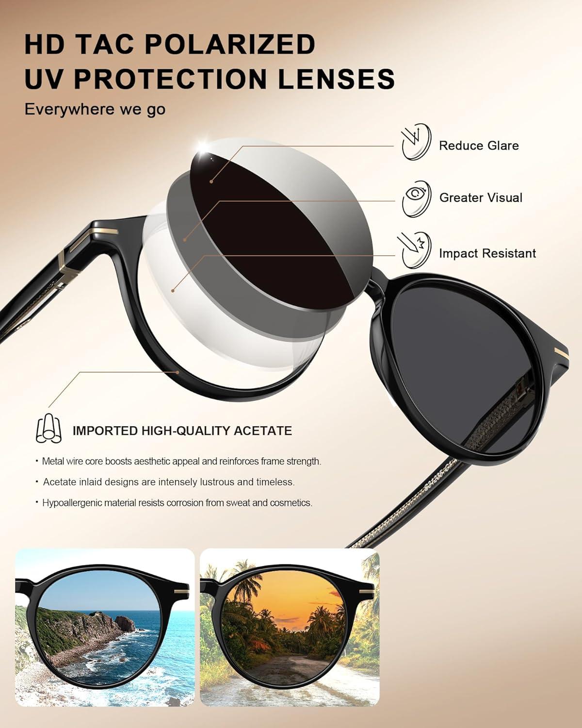 image:imageCARFIA Retro Round Atetate Polarized Sunglasses for Men UV Protection Trendy Keyhole Sunnies Driving Shades Male Eyewears2 Black Frame Grey Lens