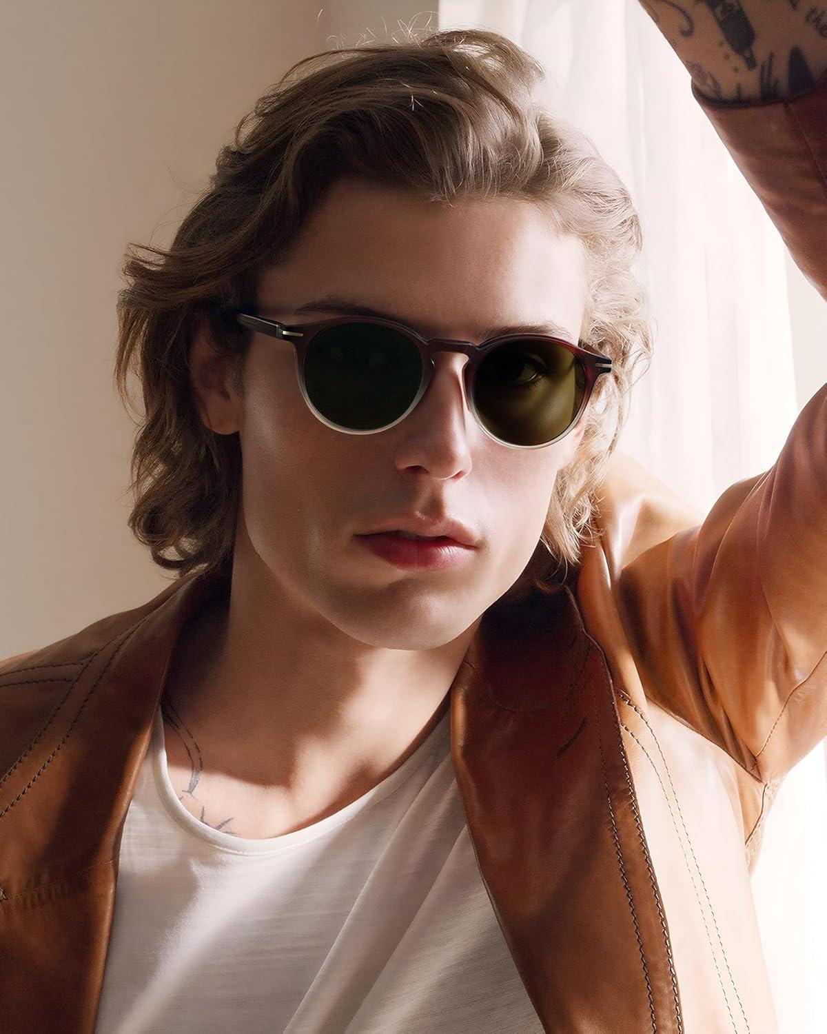 image:imageCARFIA Retro Round Atetate Polarized Sunglasses for Men UV Protection Trendy Keyhole Sunnies Driving Shades Male Eyewears3 Brown to Amber Gradient Frame Green Lens