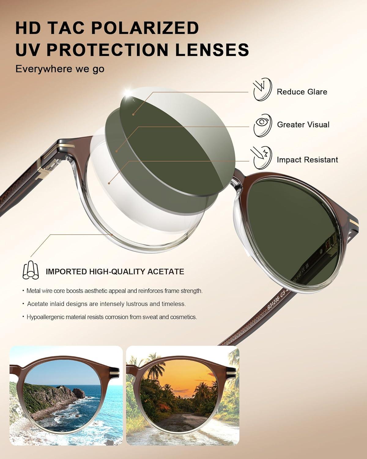 image:imageCARFIA Retro Round Atetate Polarized Sunglasses for Men UV Protection Trendy Keyhole Sunnies Driving Shades Male Eyewears3 Brown to Amber Gradient Frame Green Lens