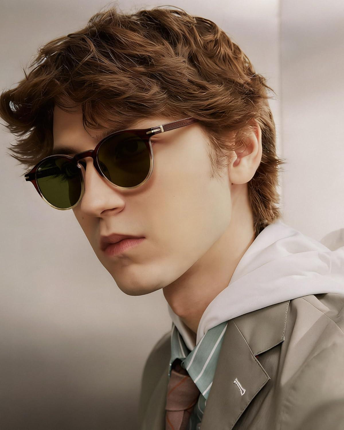 image:imageCARFIA Retro Round Atetate Polarized Sunglasses for Men UV Protection Trendy Keyhole Sunnies Driving Shades Male Eyewears3 Brown to Amber Gradient Frame Green Lens
