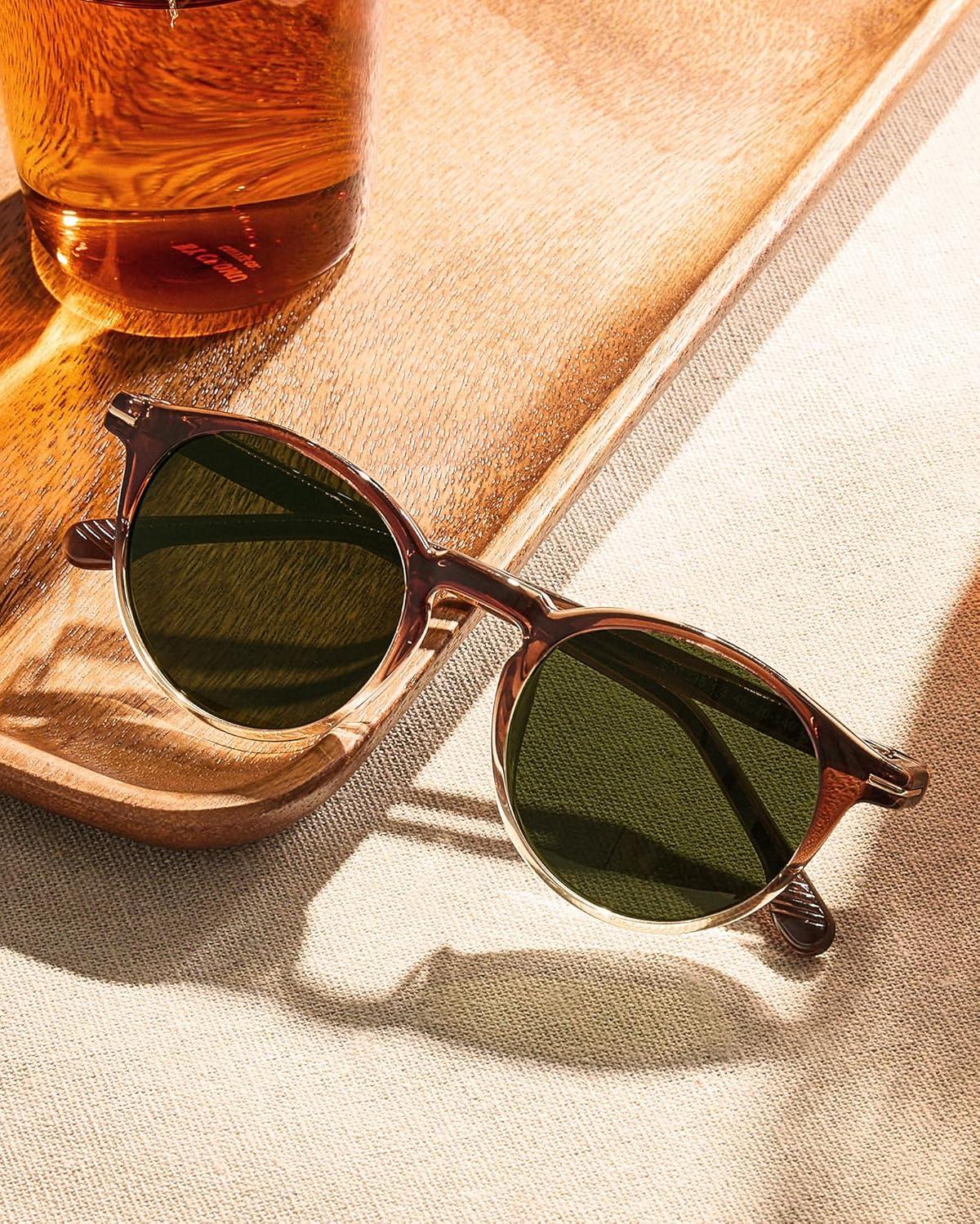 image:imageCARFIA Retro Round Atetate Polarized Sunglasses for Men UV Protection Trendy Keyhole Sunnies Driving Shades Male Eyewears3 Brown to Amber Gradient Frame Green Lens