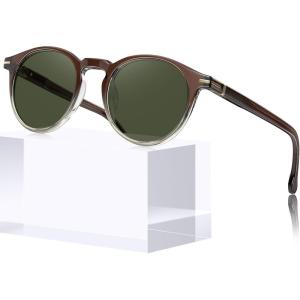 CARFIA Retro Round Atetate Polarized Sunglasses for Men UV Protection, Trendy Keyhole Sunnies Driving Shades Male Eyewears(3. Brown to Amber Gradient Frame Green Lens)