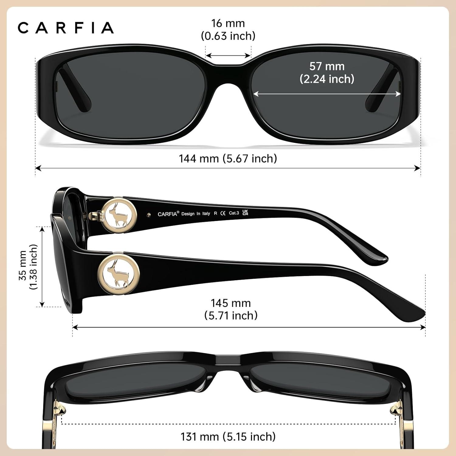 image:imageCARFIA Retro Narrow Rectangle Womens Polarized Sunglasses Durable Acetate Fashion Shades for Driving Travel Outdoor CA6605V1 Black Frame Gray Lens