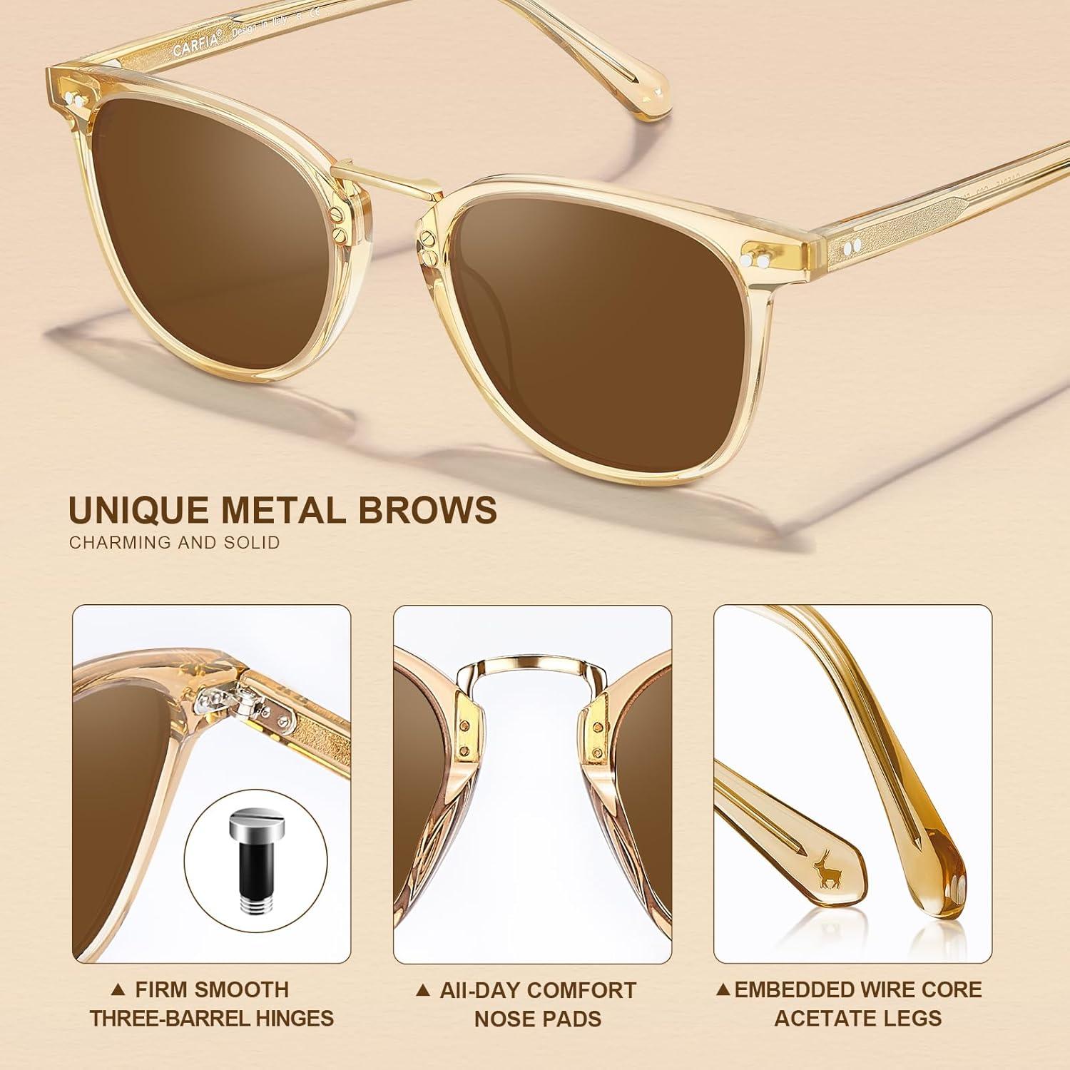 image:imageCARFIA Round Acetate Small Face Polarized Sunglasses for Women Fashion Retro Metal Bridge Shades CA501521 Transparent Tea Frame Brown Lens