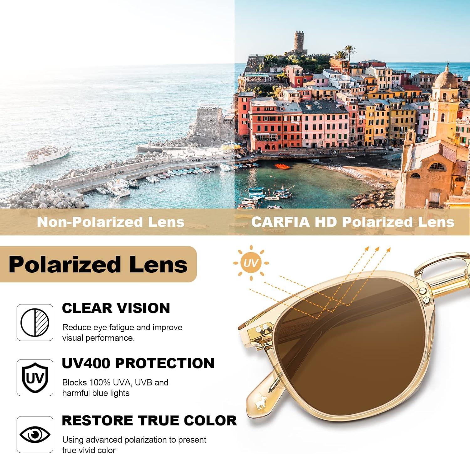 image:imageCARFIA Round Acetate Small Face Polarized Sunglasses for Women Fashion Retro Metal Bridge Shades CA501521 Transparent Tea Frame Brown Lens