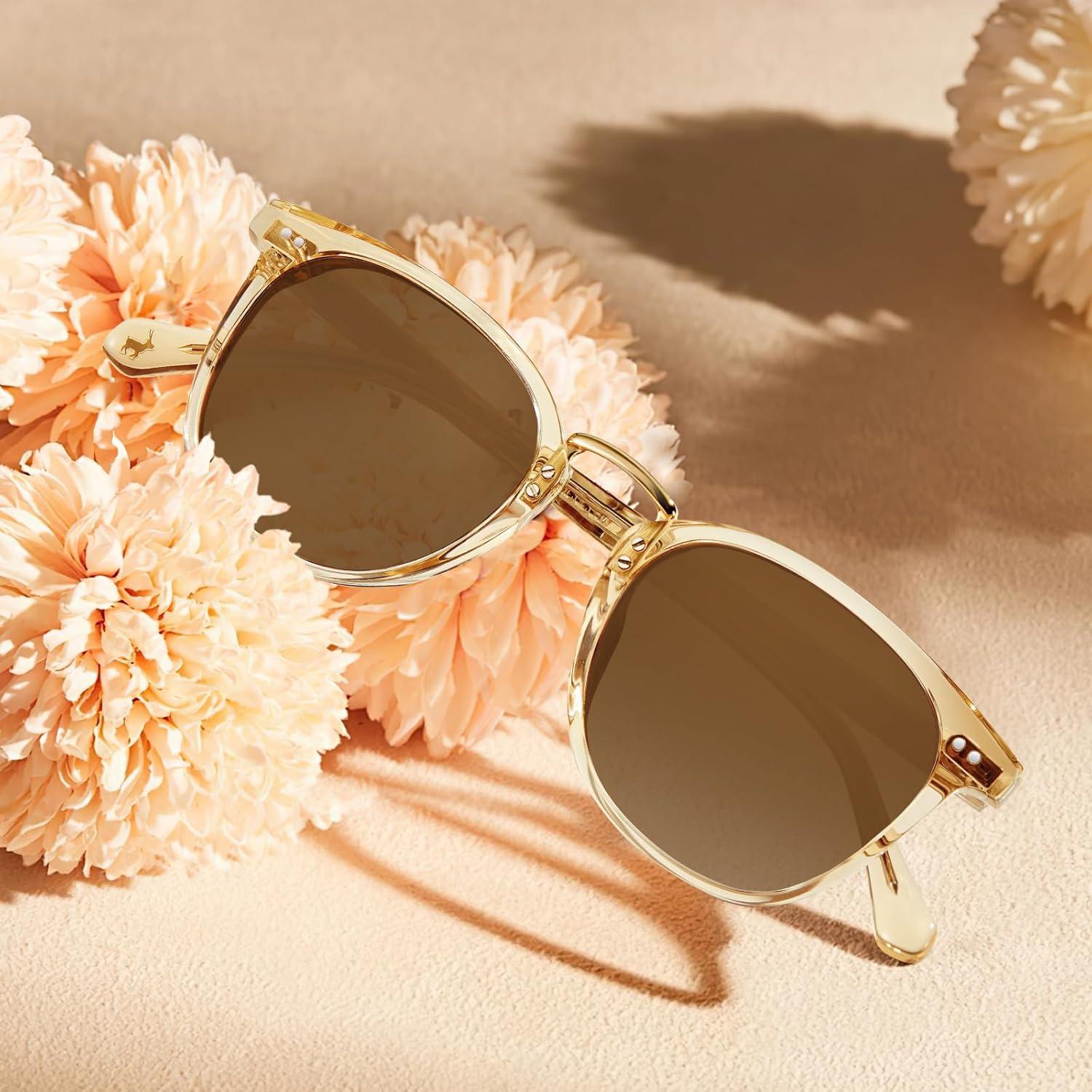 image:imageCARFIA Round Acetate Small Face Polarized Sunglasses for Women Fashion Retro Metal Bridge Shades CA501521 Transparent Tea Frame Brown Lens