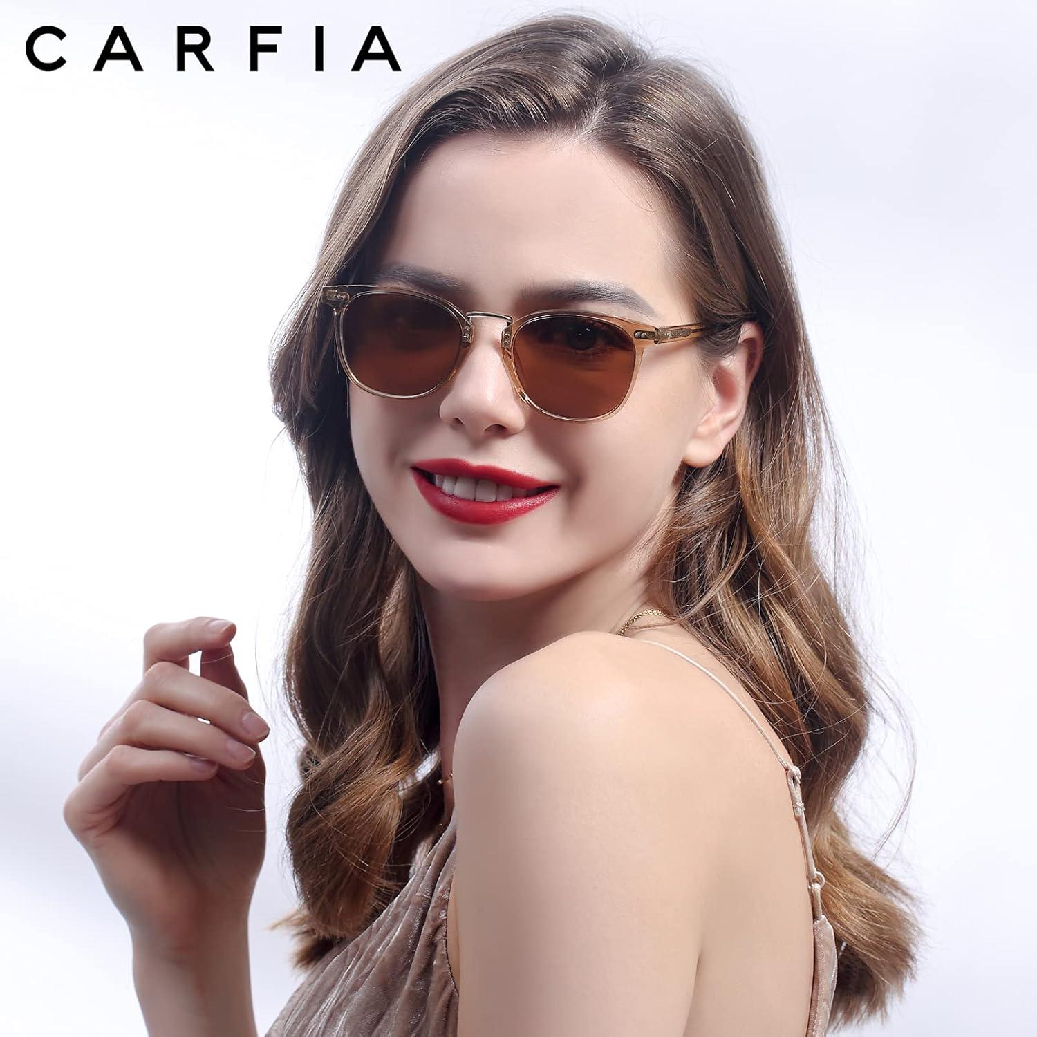image:imageCARFIA Round Acetate Small Face Polarized Sunglasses for Women Fashion Retro Metal Bridge Shades CA501521 Transparent Tea Frame Brown Lens