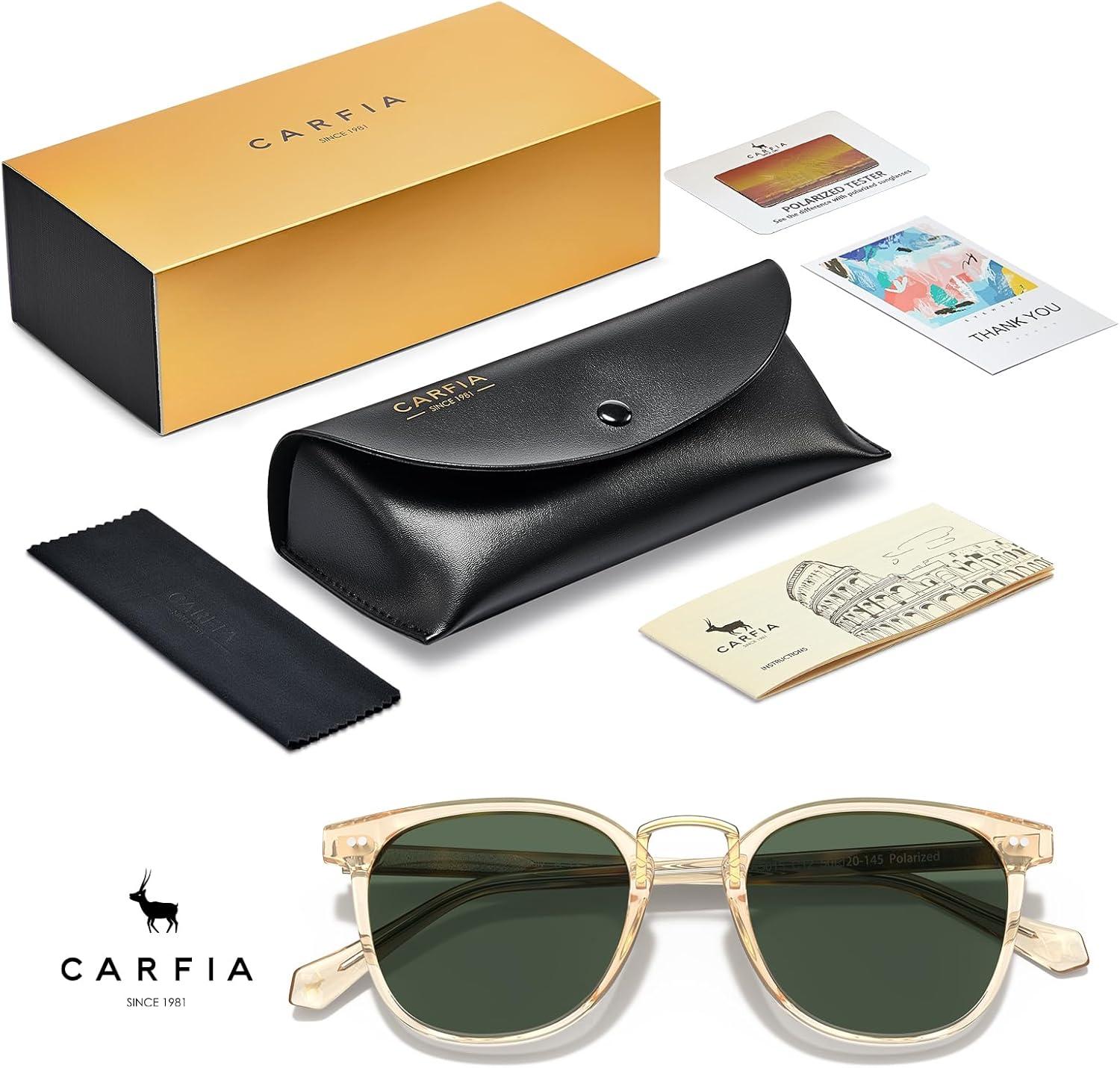 image:imageCARFIA Round Acetate Small Face Polarized Sunglasses for Women Fashion Retro Metal Bridge Shades CA501522 Transparent Tea Frame Green Lens
