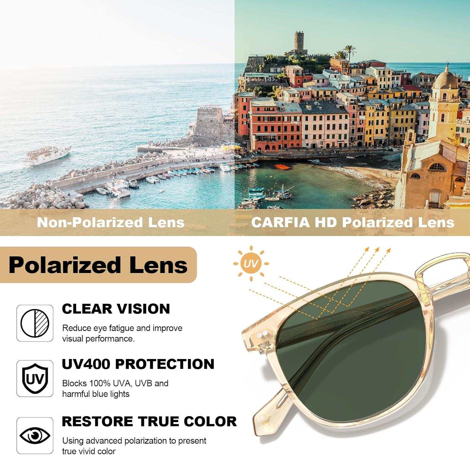 image:imageCARFIA Round Acetate Small Face Polarized Sunglasses for Women Fashion Retro Metal Bridge Shades CA501522 Transparent Tea Frame Green Lens