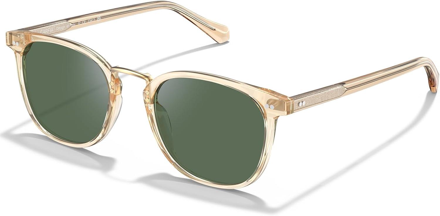 image:imageCARFIA Round Acetate Small Face Polarized Sunglasses for Women Fashion Retro Metal Bridge Shades CA501522 Transparent Tea Frame Green Lens