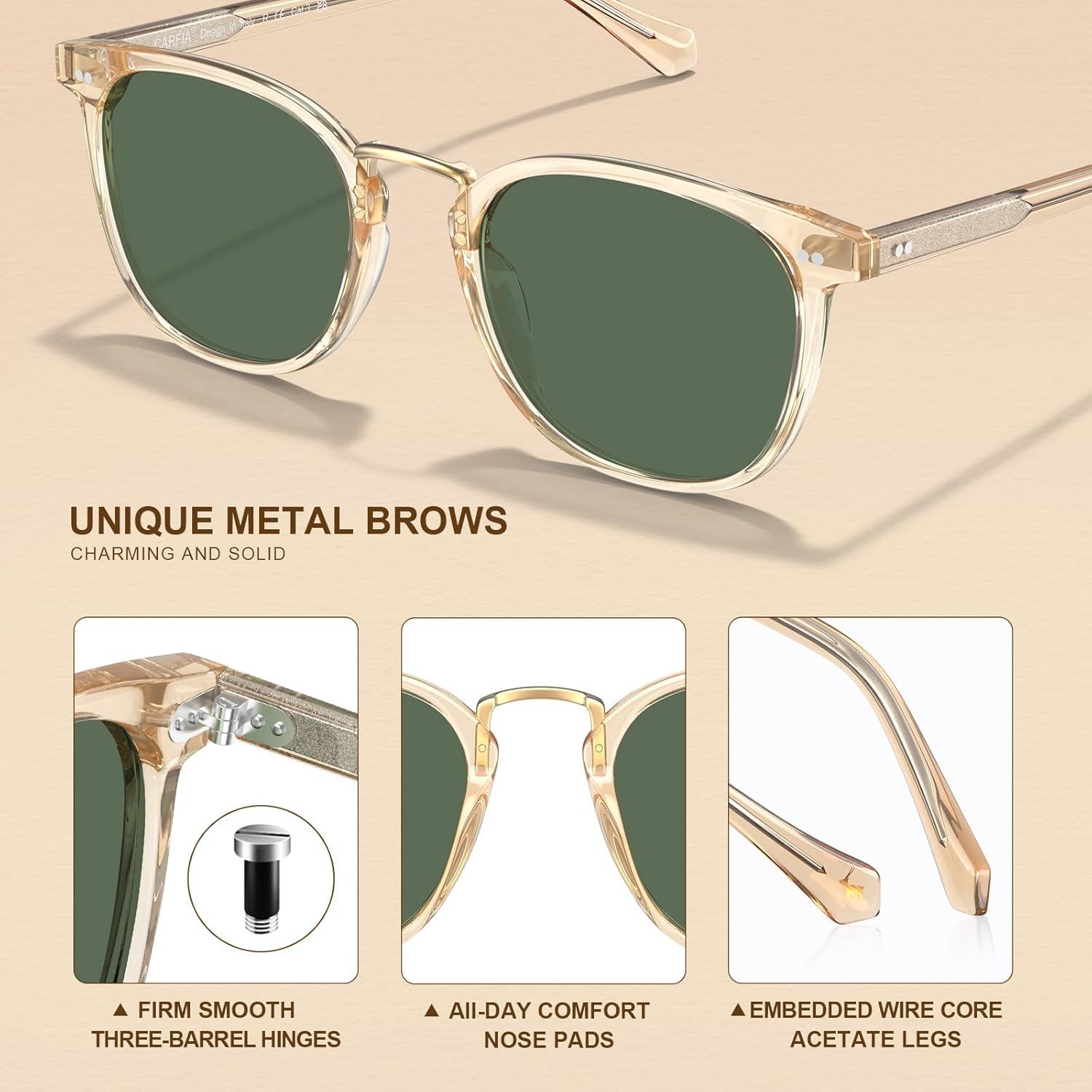 image:imageCARFIA Round Acetate Small Face Polarized Sunglasses for Women Fashion Retro Metal Bridge Shades CA501522 Transparent Tea Frame Green Lens
