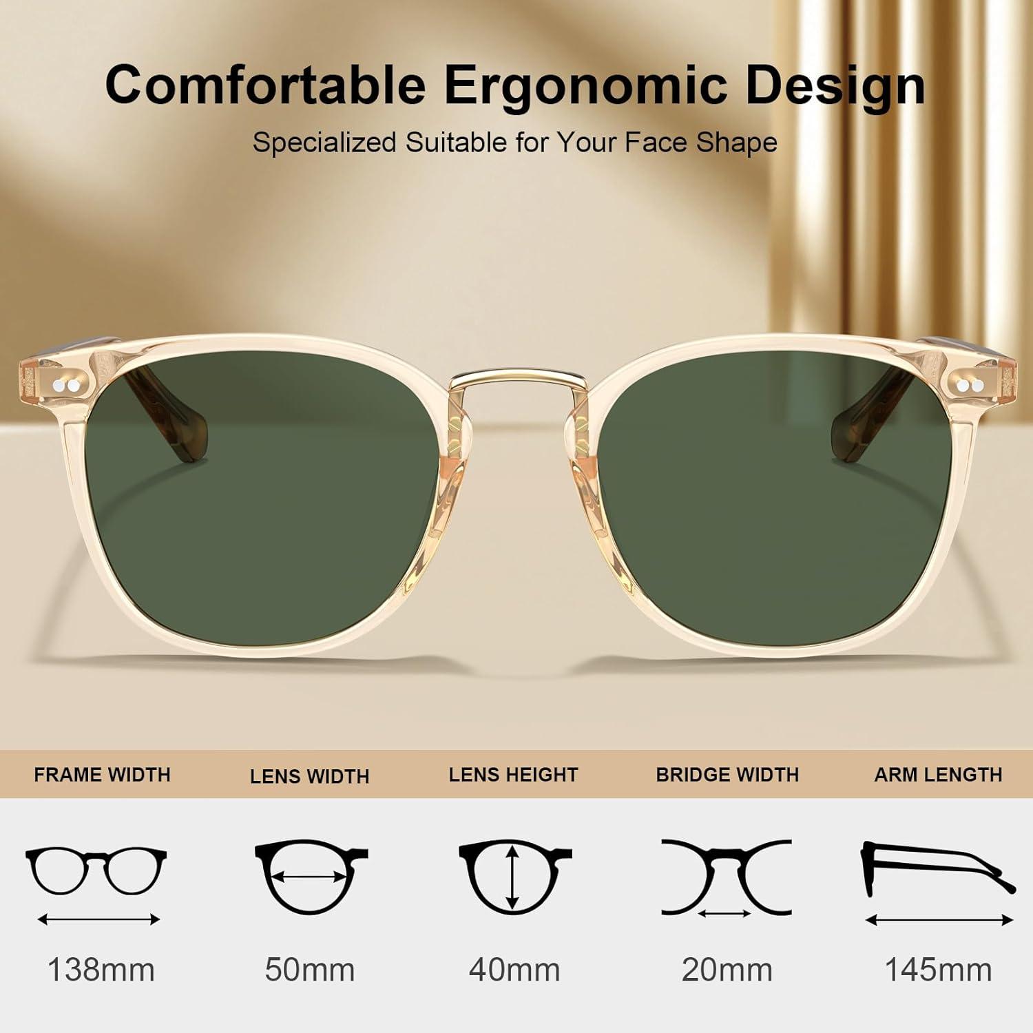 image:imageCARFIA Round Acetate Small Face Polarized Sunglasses for Women Fashion Retro Metal Bridge Shades CA501522 Transparent Tea Frame Green Lens