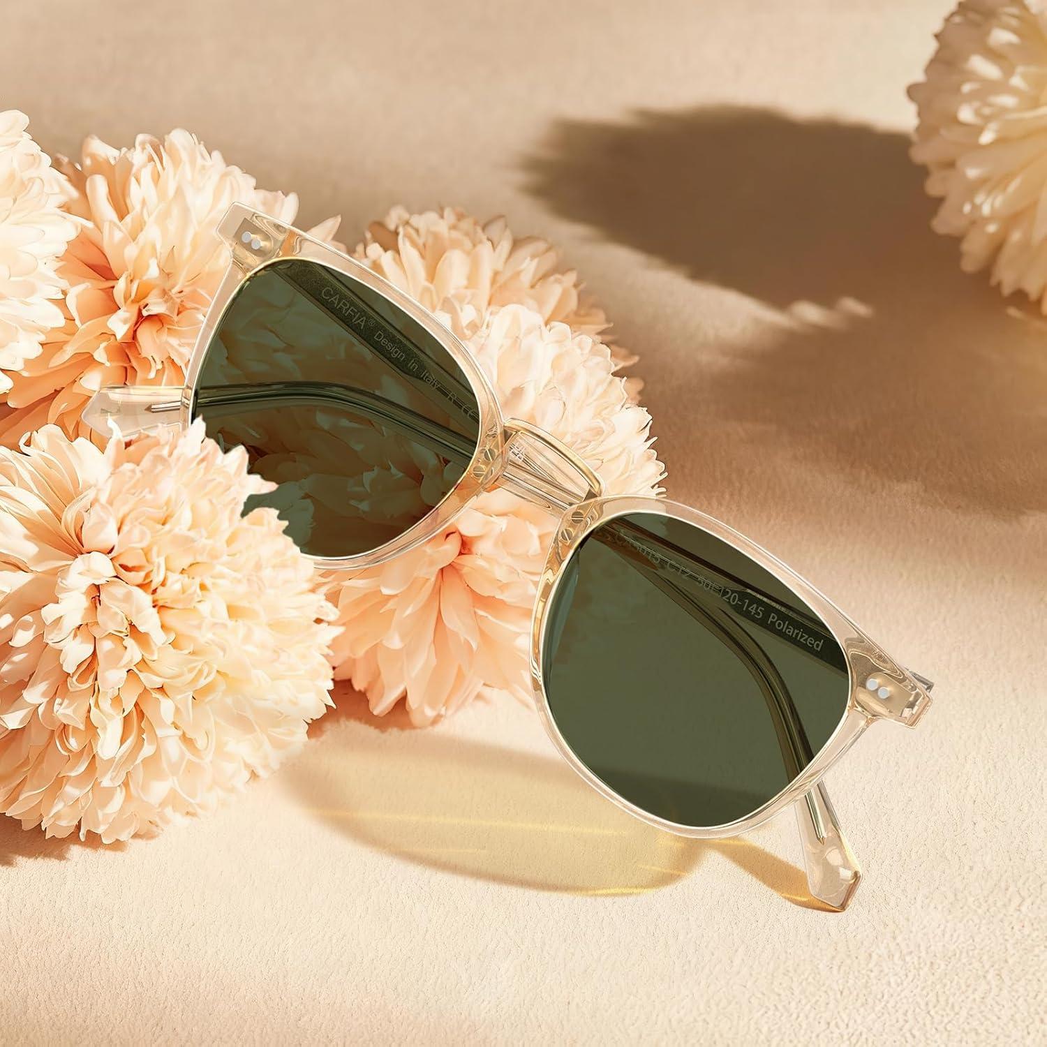 image:imageCARFIA Round Acetate Small Face Polarized Sunglasses for Women Fashion Retro Metal Bridge Shades CA501522 Transparent Tea Frame Green Lens