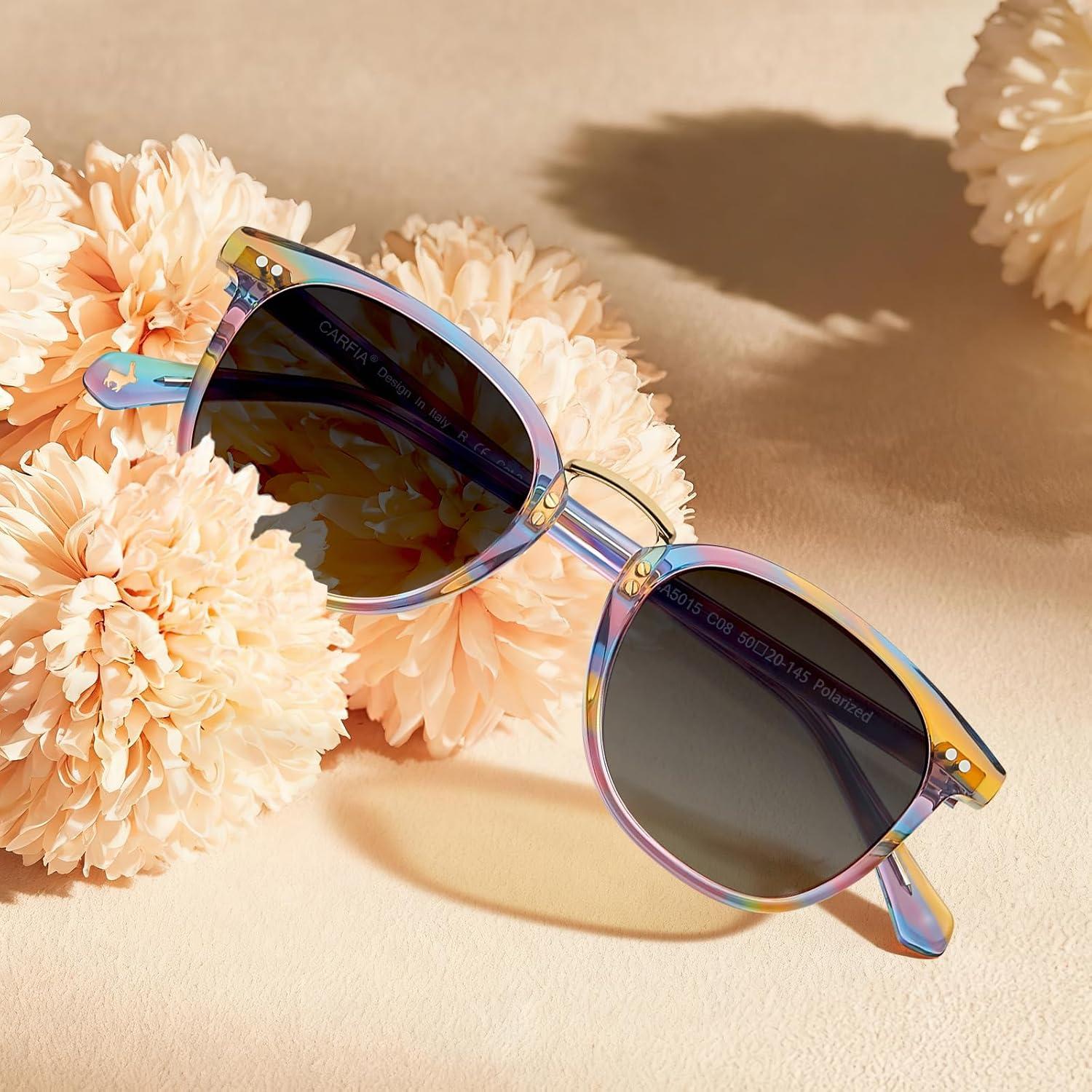 image:imageCARFIA Round Acetate Small Face Polarized Sunglasses for Women Fashion Retro Metal Bridge Shades CA501561 Rainbow Frame Gray Gradient Lens