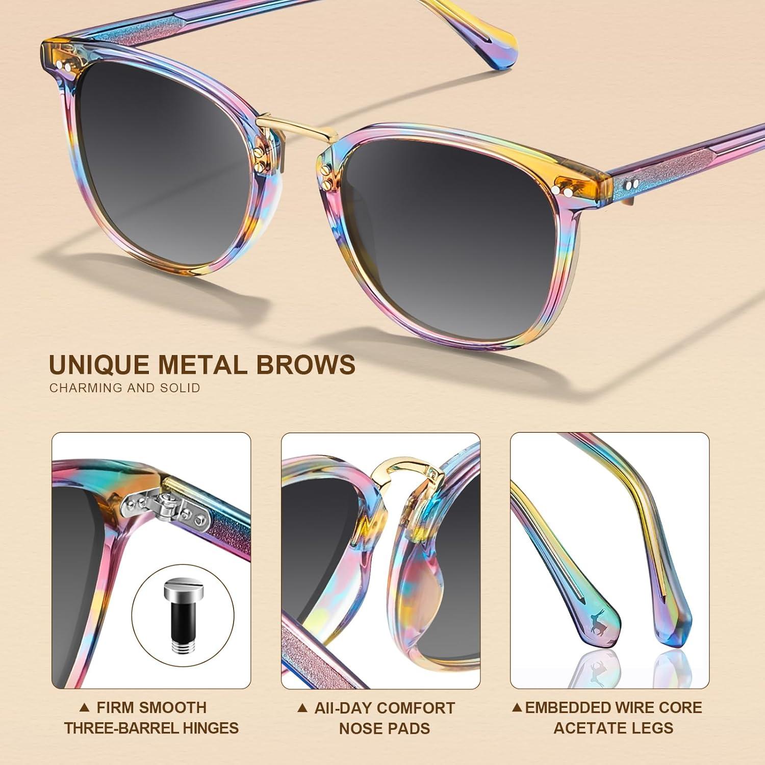 image:imageCARFIA Round Acetate Small Face Polarized Sunglasses for Women Fashion Retro Metal Bridge Shades CA501561 Rainbow Frame Gray Gradient Lens