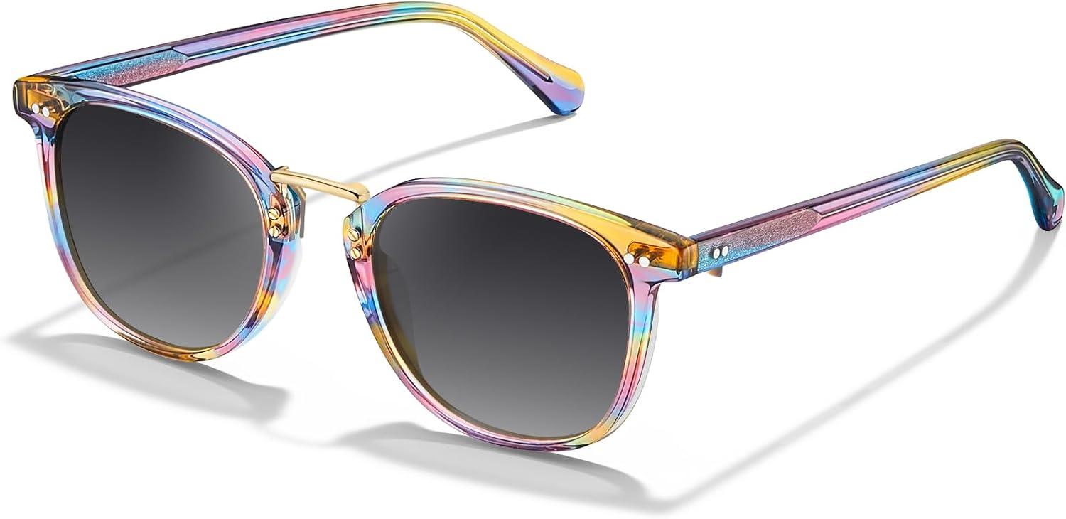 image:imageCARFIA Round Acetate Small Face Polarized Sunglasses for Women Fashion Retro Metal Bridge Shades CA501561 Rainbow Frame Gray Gradient Lens