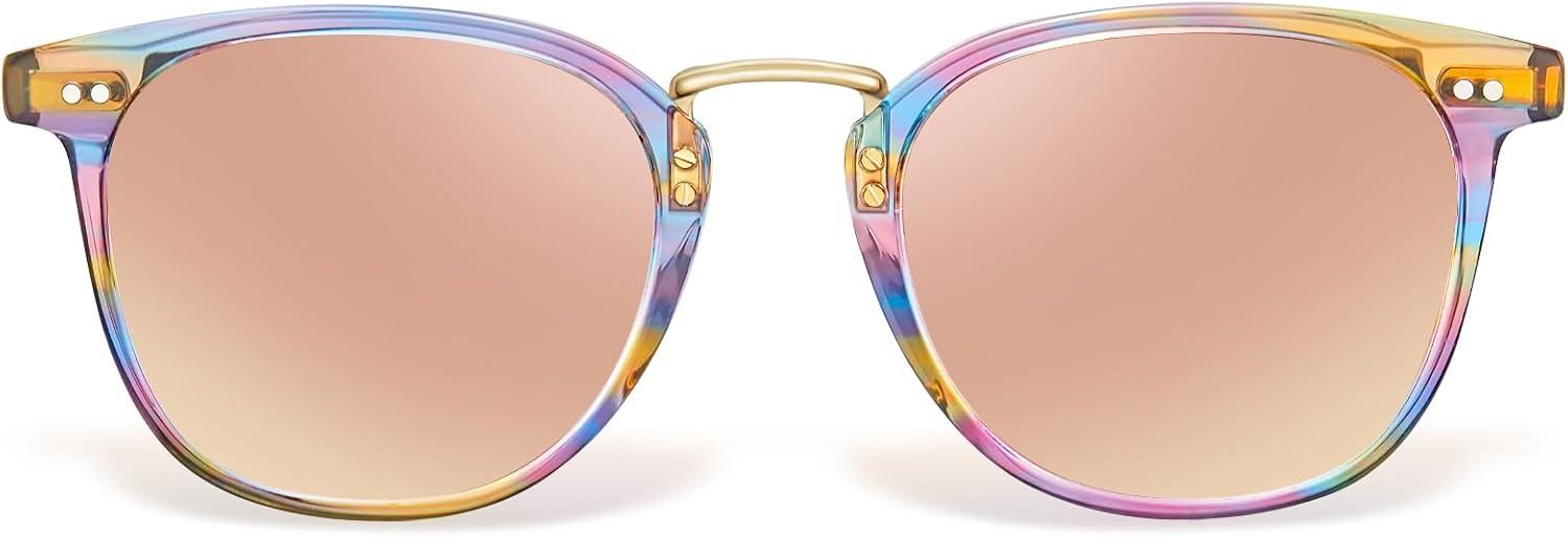 image:imageCARFIA Round Acetate Small Face Polarized Sunglasses for Women Fashion Retro Metal Bridge Shades CA501561 Rainbow Frame Pink Mirror