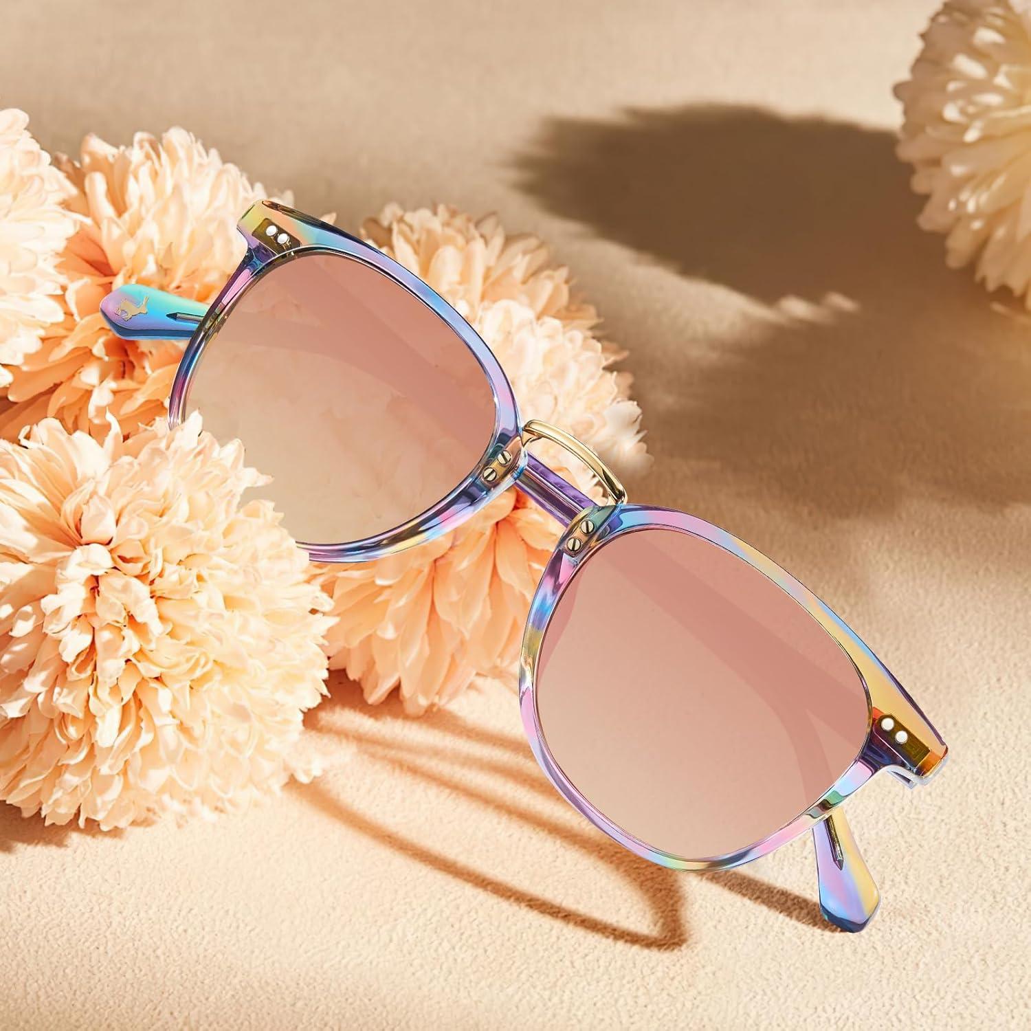image:imageCARFIA Round Acetate Small Face Polarized Sunglasses for Women Fashion Retro Metal Bridge Shades CA501561 Rainbow Frame Pink Mirror