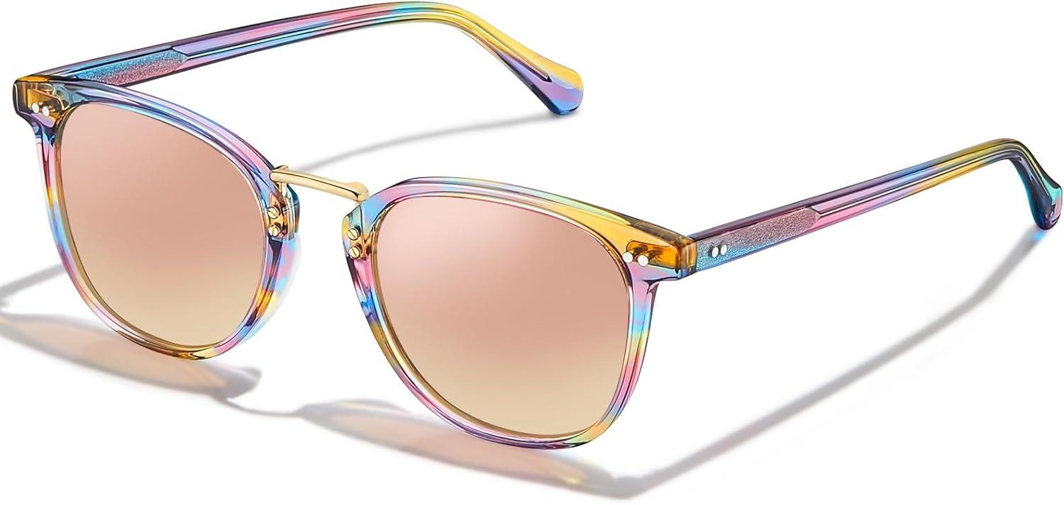 image:imageCARFIA Round Acetate Small Face Polarized Sunglasses for Women Fashion Retro Metal Bridge Shades CA501561 Rainbow Frame Pink Mirror