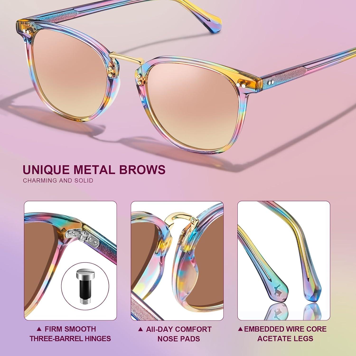 image:imageCARFIA Round Acetate Small Face Polarized Sunglasses for Women Fashion Retro Metal Bridge Shades CA501561 Rainbow Frame Pink Mirror