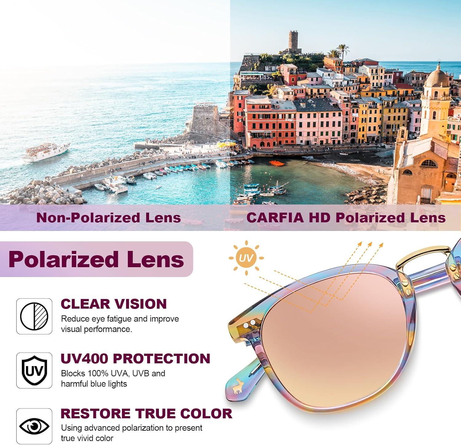 image:imageCARFIA Round Acetate Small Face Polarized Sunglasses for Women Fashion Retro Metal Bridge Shades CA501561 Rainbow Frame Pink Mirror