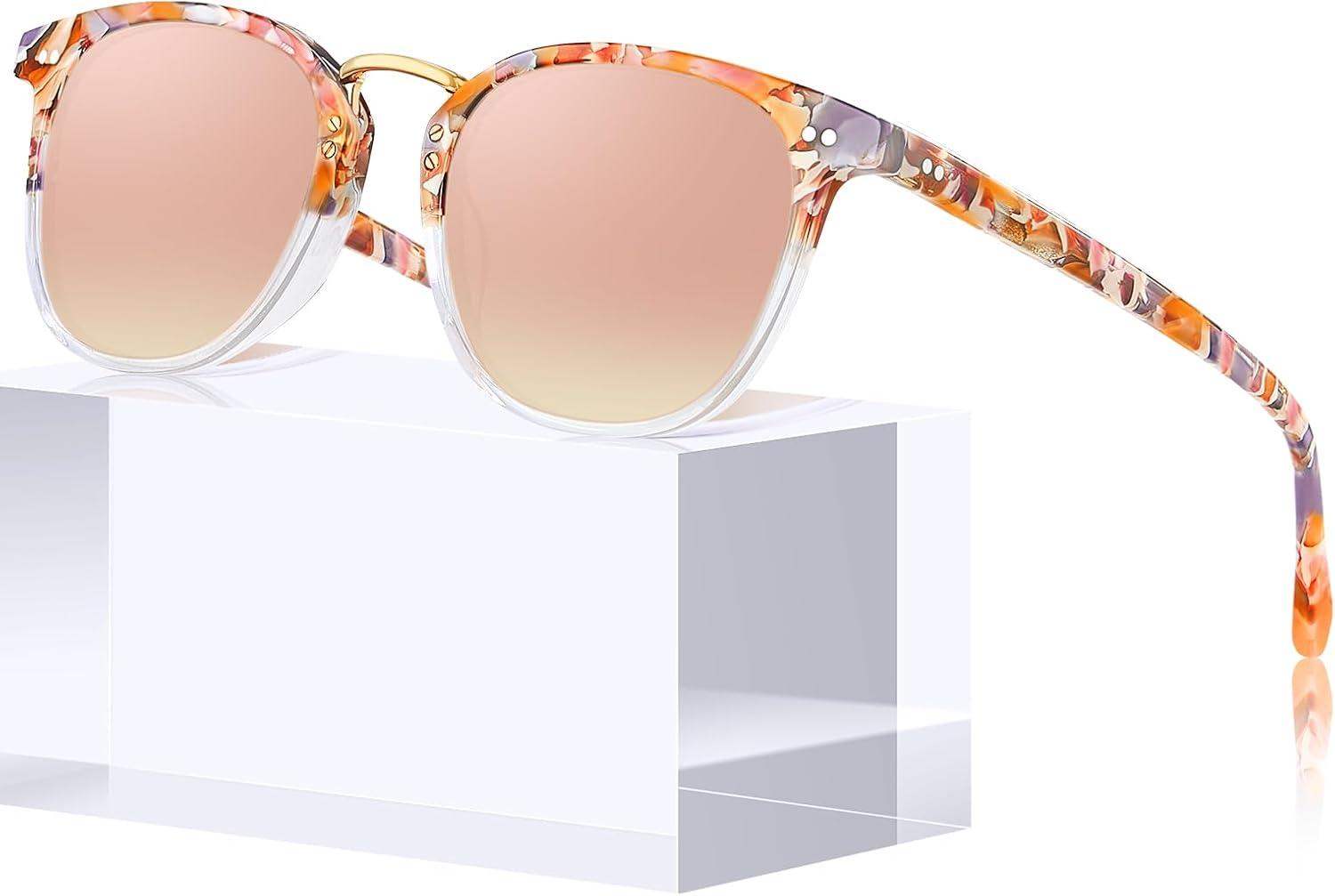 image:imageCARFIA Round Acetate Small Face Polarized Sunglasses for Women Fashion Retro Metal Bridge Shades CA501562 Pink Mirror