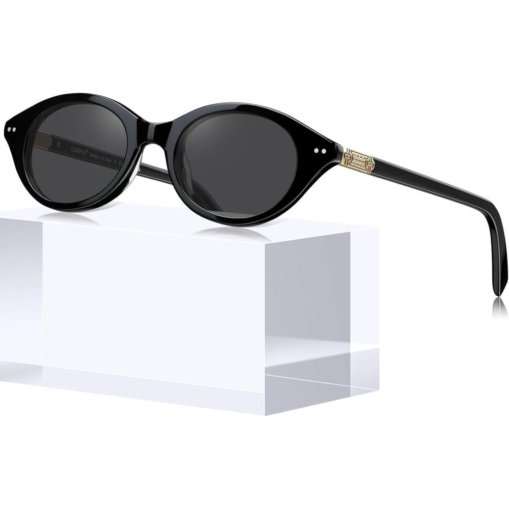 image:imageCARFIA Acetate Oval Womens Polarized Sunglasses UV Protection Trendy Designer Retro Handmade Shades Fit Most Face Shapes1 Black Frame Grey Lens