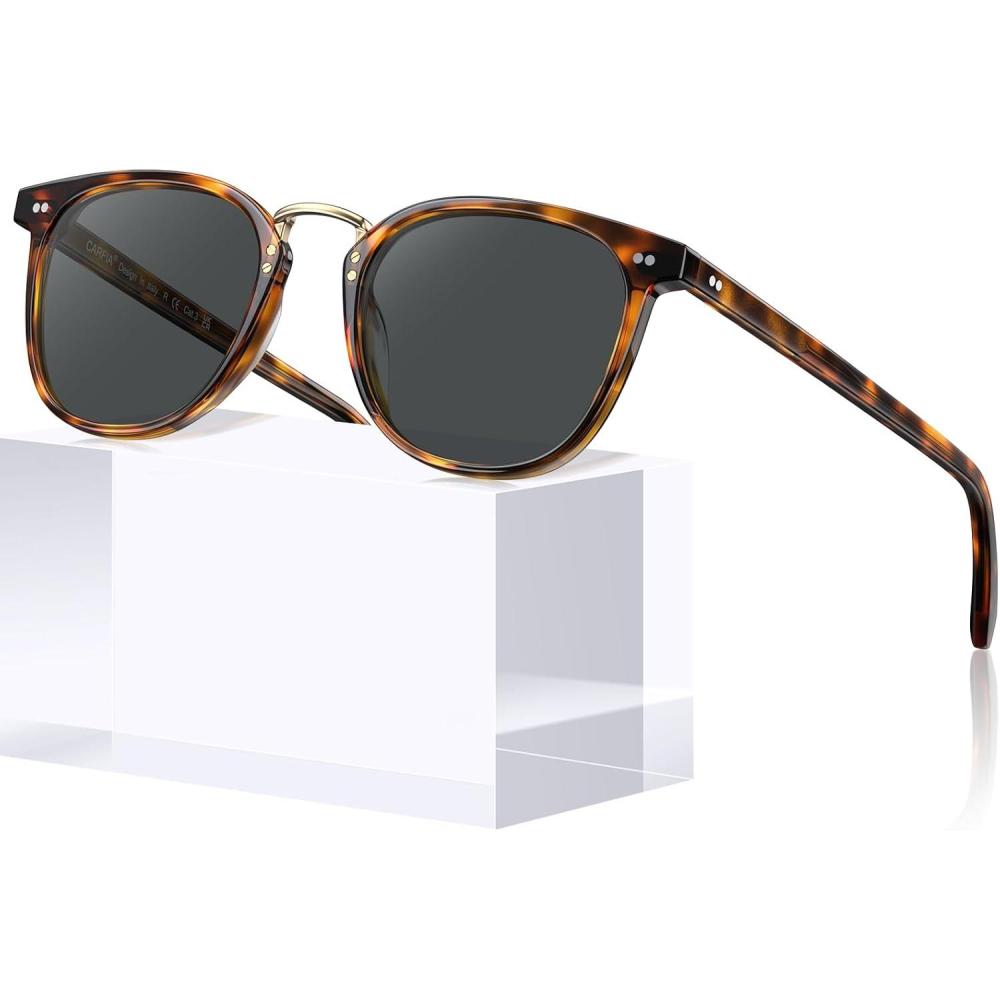 image:imageCARFIA Round Acetate Small Face Polarized Sunglasses for Women Fashion Retro Metal Bridge Shades CA501512 Yellow Tortoise Frame Gray Lens