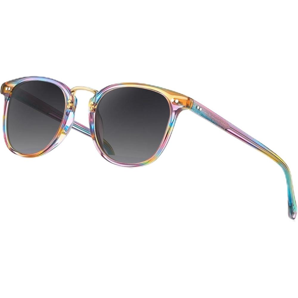 image:imageCARFIA Round Acetate Small Face Polarized Sunglasses for Women Fashion Retro Metal Bridge Shades CA501561 Rainbow Frame Gray Gradient Lens