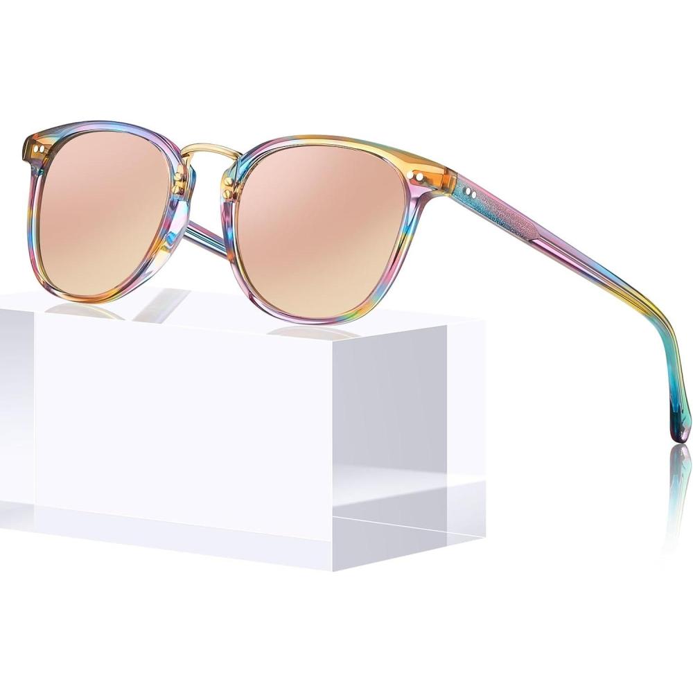 image:imageCARFIA Round Acetate Small Face Polarized Sunglasses for Women Fashion Retro Metal Bridge Shades CA501561 Rainbow Frame Pink Mirror