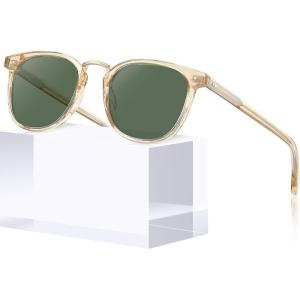 CARFIA Round Acetate Small Face Polarized Sunglasses for Women Fashion Retro Metal Bridge Shades CA5015(2-2. Transparent Tea Frame Green Lens)