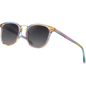 CARFIA Round Acetate Small Face Polarized Sunglasses for Women Fashion Retro Metal Bridge Shades CA5015(6-1. Rainbow Frame Gray Gradient Lens)