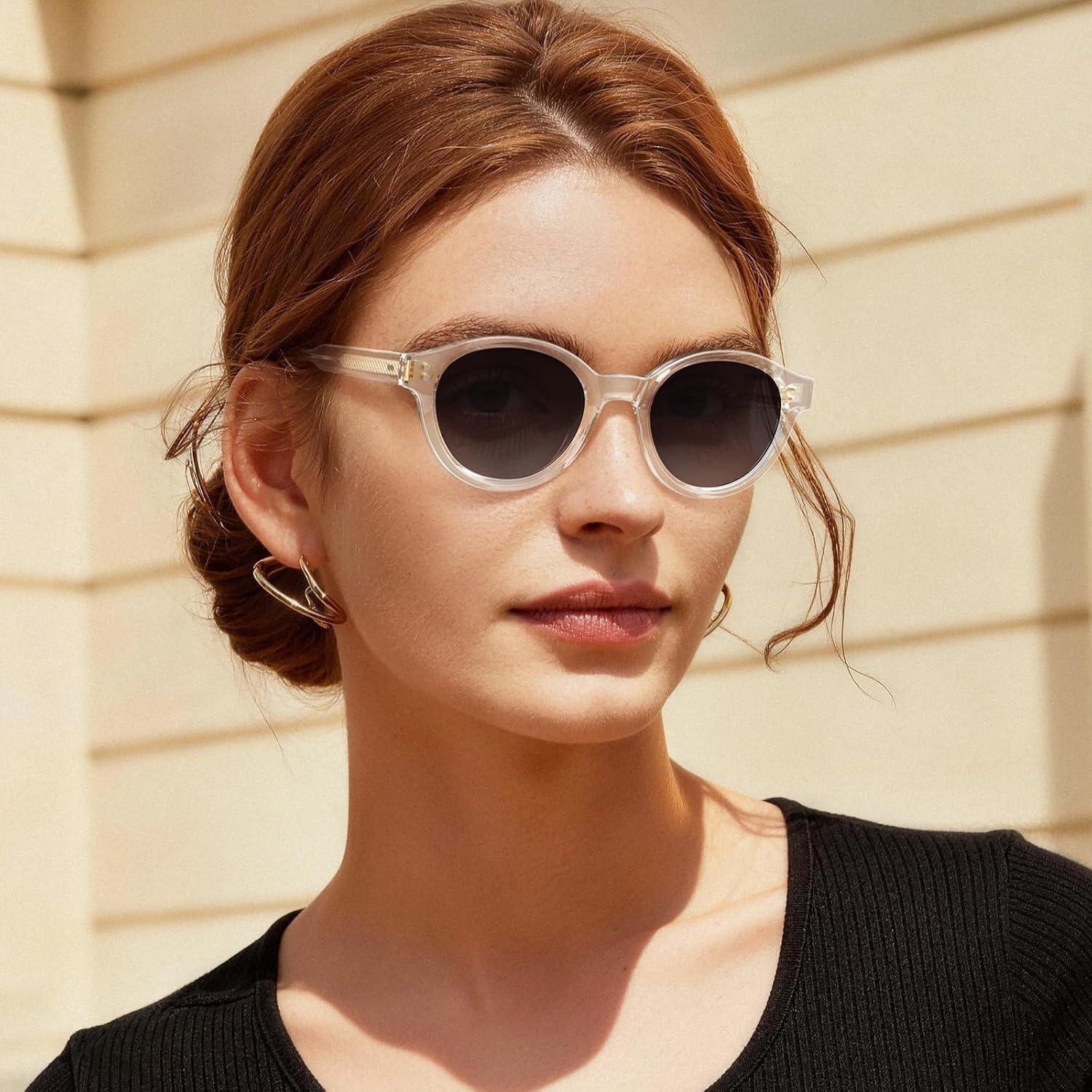 image:imageCARFIA Acetate Small Face Polarized Sunglasses for Women UV Protection Trendy Retro Designer Shades CA540332 Transparent Frame Grey Gradient Lens